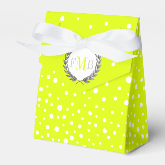 Chartreuse and white polka dot pattern wedding fav favor boxes (Front Side)