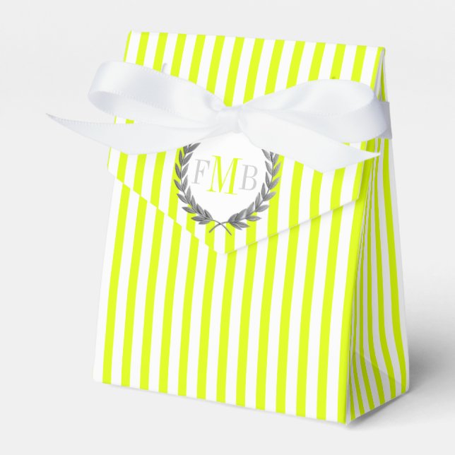 Chartreuse and white stripes monogram wedding favor boxes (Front Side)