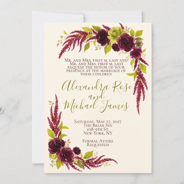 Chartreuse & Burgundy Floral Wedding Invitation (Front)
