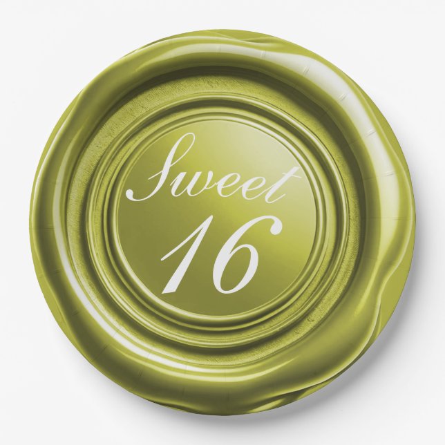 Chartreuse Candle Wax Seal Drip Sweet 16 Wedding Paper Plates (Front)