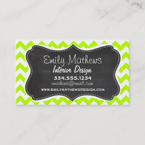 Chartreuse Chevron; Chalkboard look Business Cards