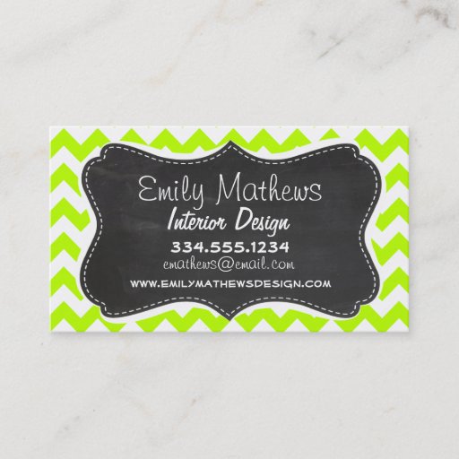 Customizable Chartreuse Chevron; Chalkboard look Business Cards