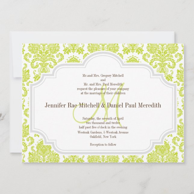 Chartreuse Damask Gray White Wedding Invitations (Front)