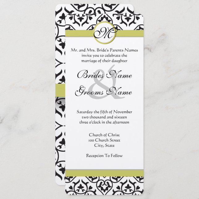 Chartreuse Damask Monogram Wedding Invitation (Front/Back)