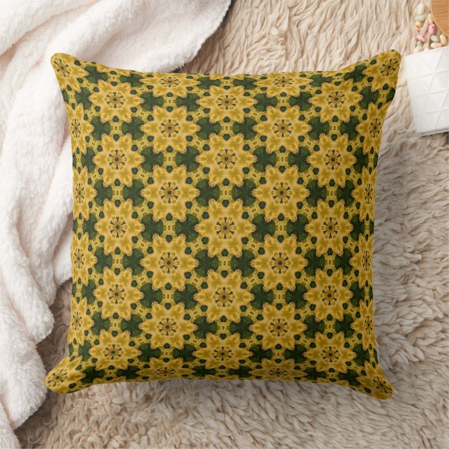 Chartreuse Flowers on Green Kaleidoscope Pattern Throw Pillow (Blanket)