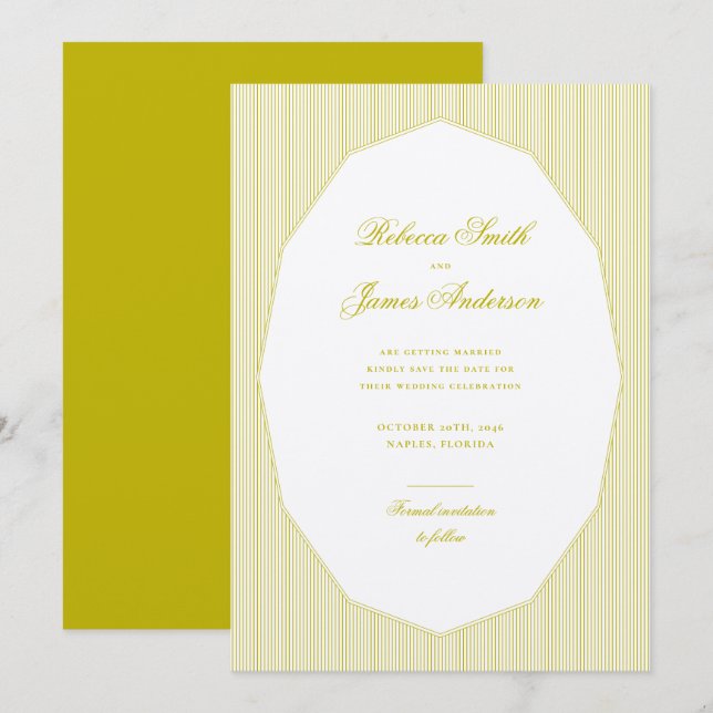 Chartreuse Formal Elegant Classic Stripes Wedding Save The Date (Front/Back)