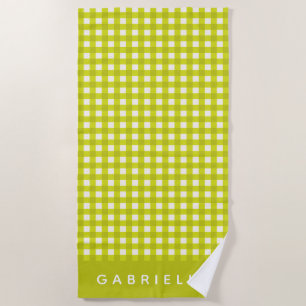Chartreuse Gingham Personalized Name Summer Cute Beach Towel