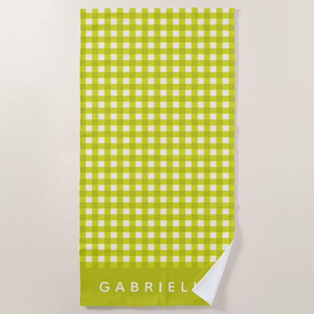 Chartreuse Gingham Personalized Name Summer Cute Beach Towel (Front)
