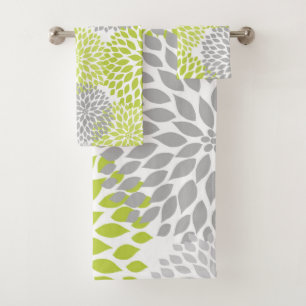 Chartreuse Gray dahlia floral bath decor Towel Set