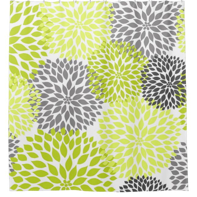 Chartreuse Gray Dahlia Floral Shower Curtain (Front)