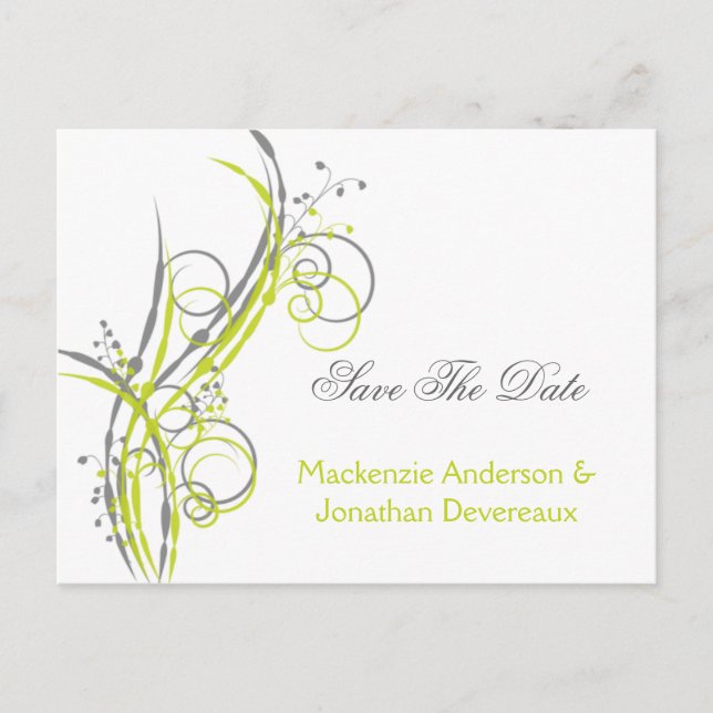 Chartreuse Gray Floral Swirls Save The Date Announcement Postcard (Front)