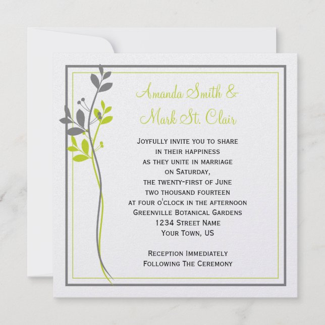 Chartreuse Gray Floral Swirls Wedding Invitation (Front)