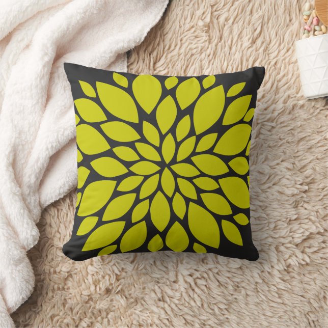 Chartreuse Green and Grey Floral Burst Throw Pillow (Blanket)