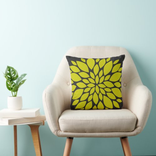 Chartreuse Green and Grey Floral Burst Throw Pillow