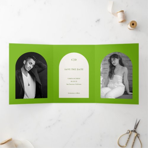 Chartreuse Green Arch Modern Wedding Save the Date Tri_Fold Announcement