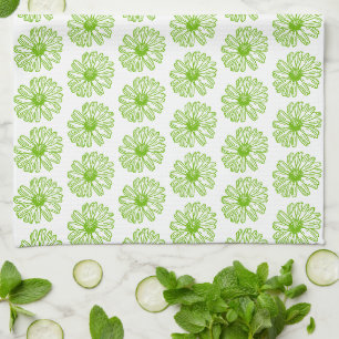Chartreuse Green Daisy Print, Hippie Flower Print Kitchen Towel