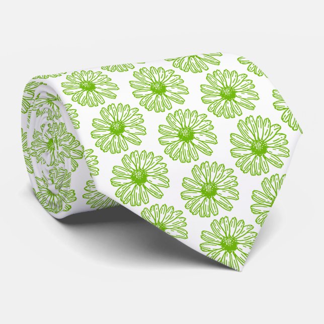 Chartreuse Green Daisy Print, Hippie Flower Print Neck Tie (Rolled)