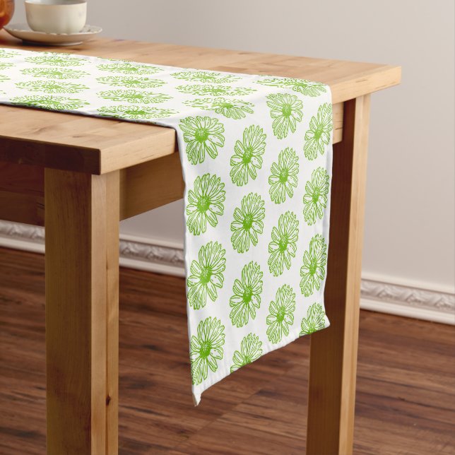 Chartreuse Green Daisy Print, Hippie Flower Print Short Table Runner (In Situ)