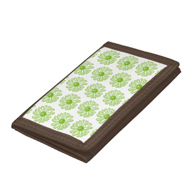 Chartreuse Green Daisy Print, Hippie Flower Print Trifold Wallet (Bottom)