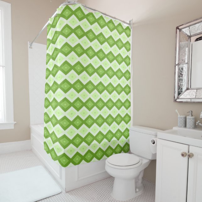 Chartreuse green diamond pattern shower curtain (In Situ)
