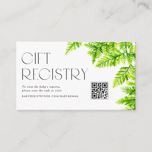 Chartreuse Green Fern Baby Shower QR Code Registry Enclosure Card (Front)