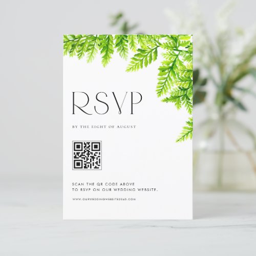 Chartreuse Green Fern Leaves Wedding QR Code RSVP Card