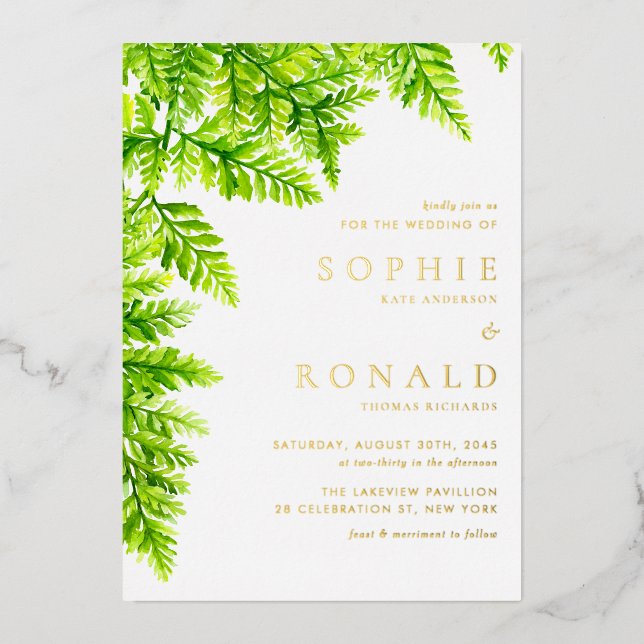 Chartreuse Green Fern Leaves Woodland Wedding Foil Invitation (Front)
