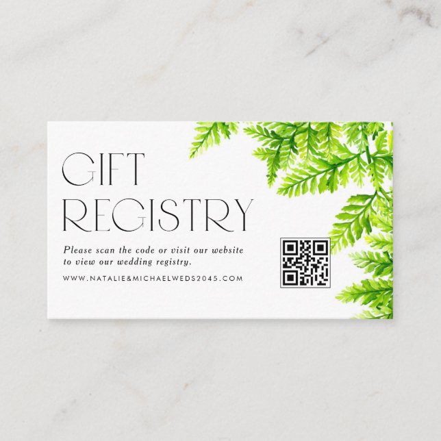 Chartreuse Green Ferns QR Code Wedding Registry Enclosure Card (Front)