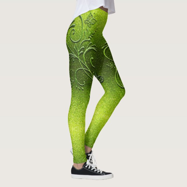 Chartreuse Green Glitter Ombre Butterfly Sparkles Leggings (Right)