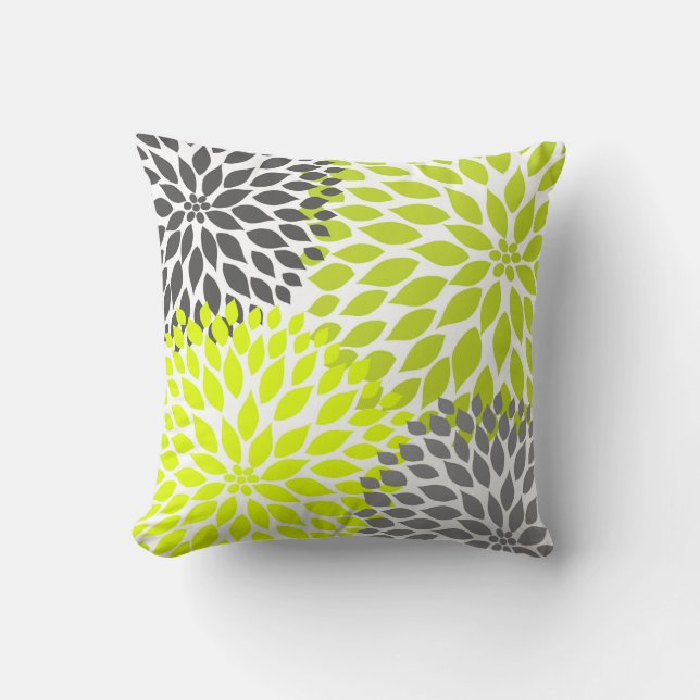 Chartreuse Green Gray Dahlia mod decor sofa pillow (Front)