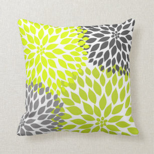 Chartreuse Green Gray Dahlia mod decor sofa pillow