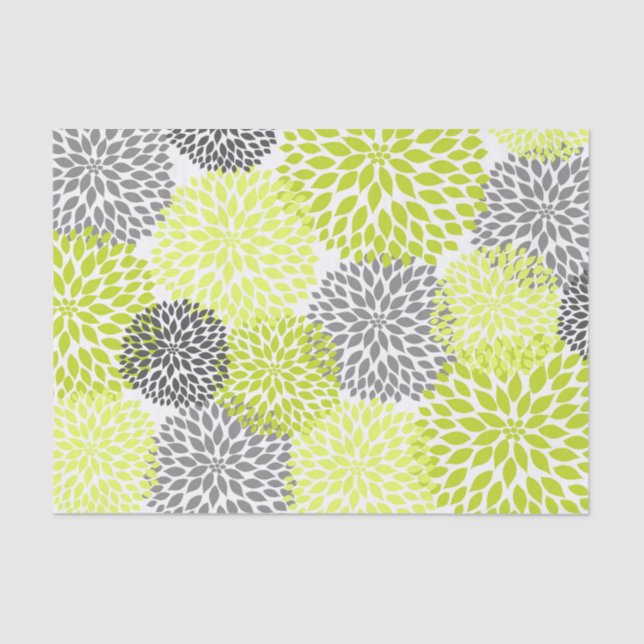 Chartreuse green gray dahlias mums floral tissue paper (Front)