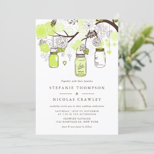 Green Mason Jars &amp; Flowers Wedding Invitation
