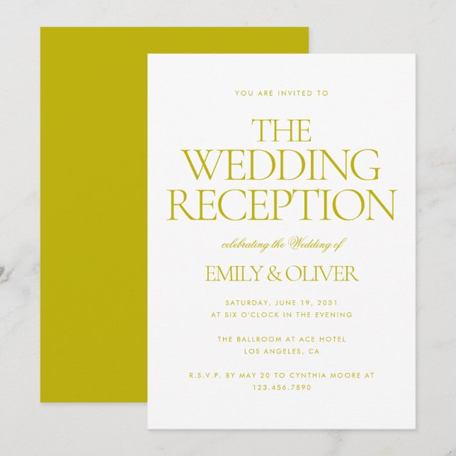 Chartreuse Green Modern Wedding Reception Party Invitation (Front/Back)