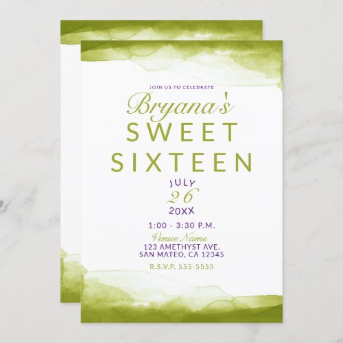 Chartreuse Green Watercolor Chic Sweet 16 Party Invitation