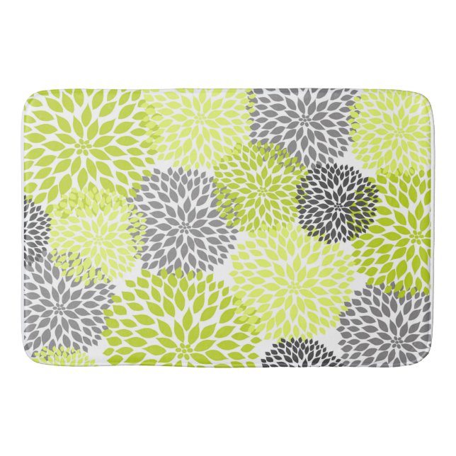 Chartreuse Grey Dahlias Floral flowers blossoms Bath Mat (Front)