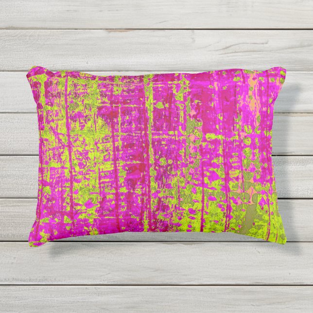 Chartreuse Kiss Pink and Green Abstract Outdoor Pillow (Front)