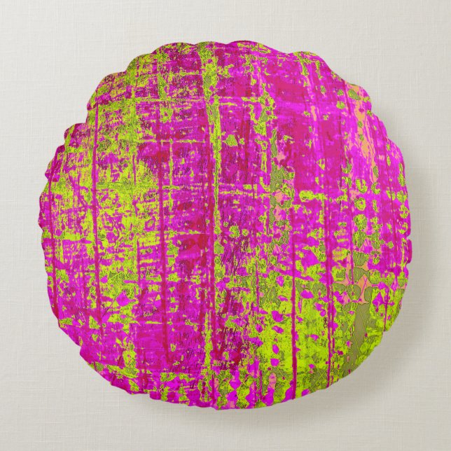Chartreuse Kiss Pink and Green Abstract Round Pillow (Front)