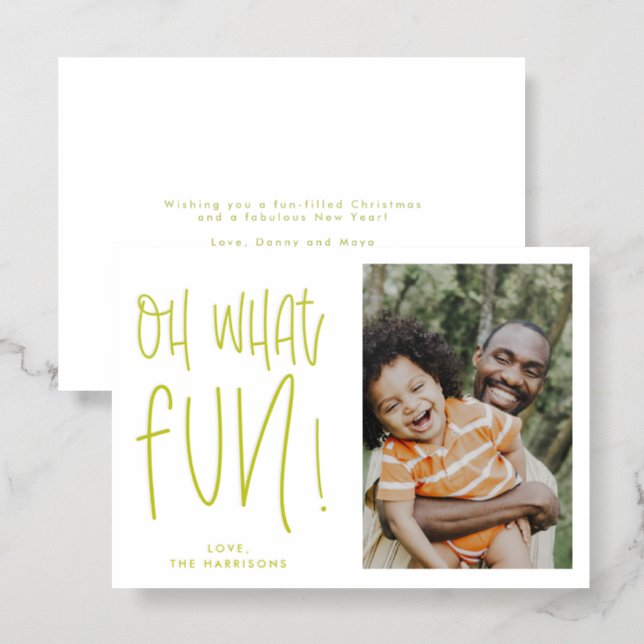 Chartreuse Modern Oh What Fun Typographic Holiday Letterpress Photo Cards (Front/Back)