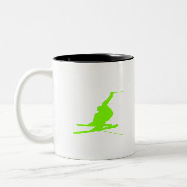 Chartreuse, Neon Green Snow Skiing Two-Tone Coffee Mug (Left)