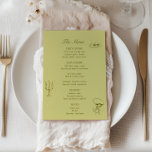 Chartreuse Olive Green Illustrated Wedding Menu<br><div class="desc">Chartreuse and olive green illustrated wedding menu with vintage inspired typography and hand drawn illustrations of figs,  a candle holder and a cherub holding a wine glass.</div>