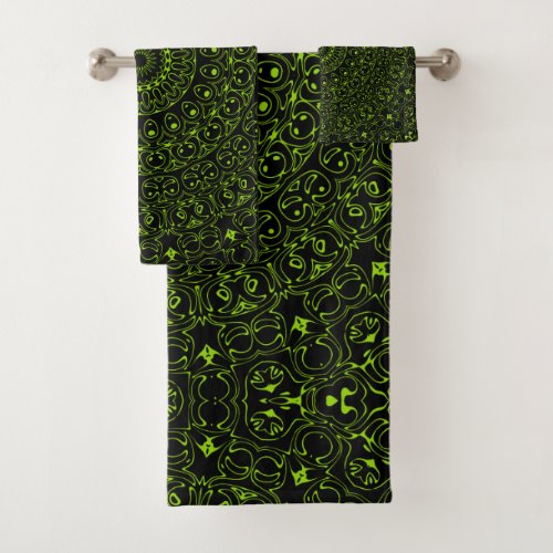 Chartreuse on Black Mandala Kaleidoscope Medallion Bath Towel Set