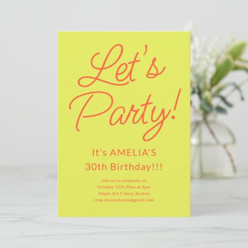 Chartreuse Orange Let's Party Fun Birthday Bash Invitation