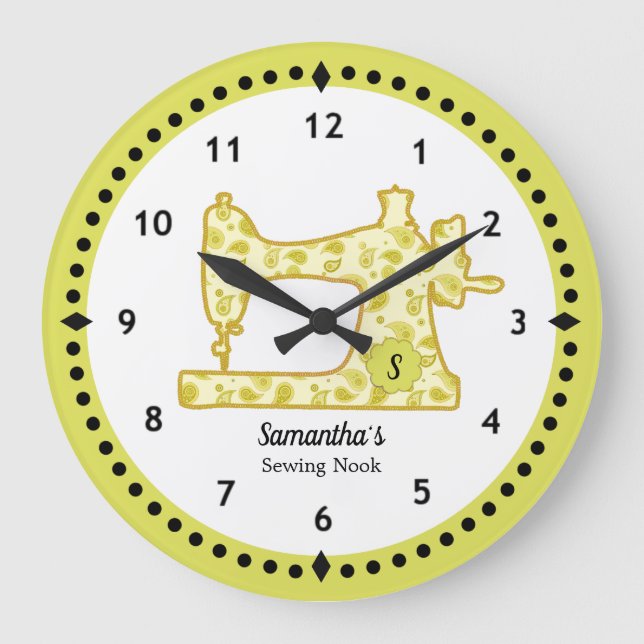 Chartreuse Paisley Sewing Machine Large Clock (Front)