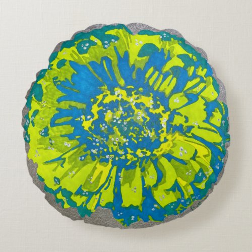 Chartreuse  Peacock Daisy Grey Round Pillow