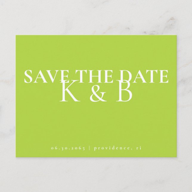Chartreuse Simplicity Monogram QR Save the Date Postcard (Front)