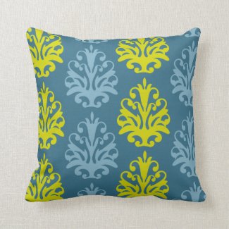 Chartreuse Slate Blue Teal Damask Pillow