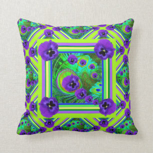 CHARTREUSE SPRING GREEN PURPLE PANSY FLORAL THROW PILLOW
