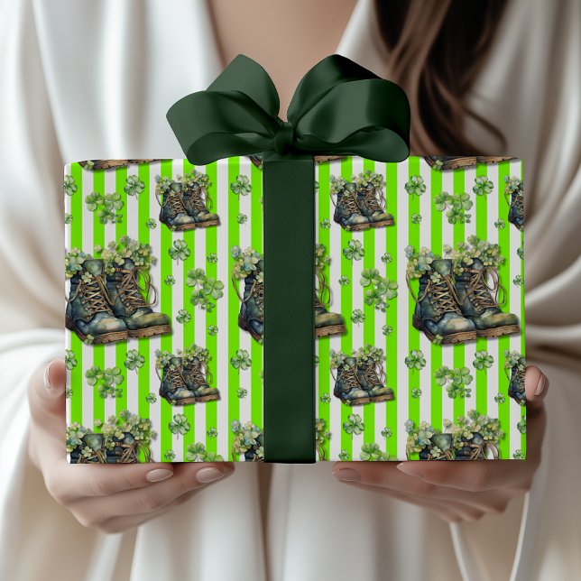 Chartreuse Striped Clover Shoes St. Patrick Day Wrapping Paper (Creator Uploaded)