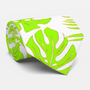 Chartreuse tropical monstera and palm leaves neck tie